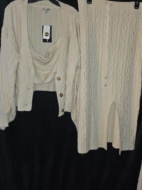 Cable Knit Cream Sweater Cardigan with Tube Top and Skirt Set